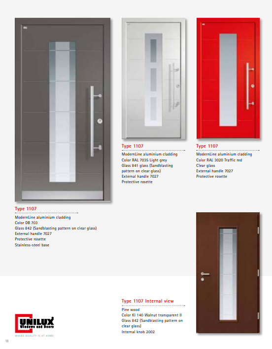 Type 1107 ModernLine – Designer ModernLine Aluminium-Wood Entry Door, Clear and Patterned Glass Options, Triple Self-Locking, Customizable Hardware, RAL/DB Color Selection Available